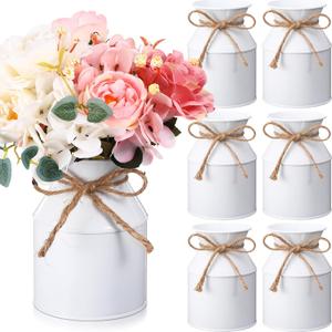 Domensi 6 Pcs Farmhouse Metal Flower Vase Wedding Decor Bulk Rustic Galvanized Milk Can Jug Vase with Bow Flower Bucket for Table Centerpiece Valentine Home (5.12 Inch,White)
