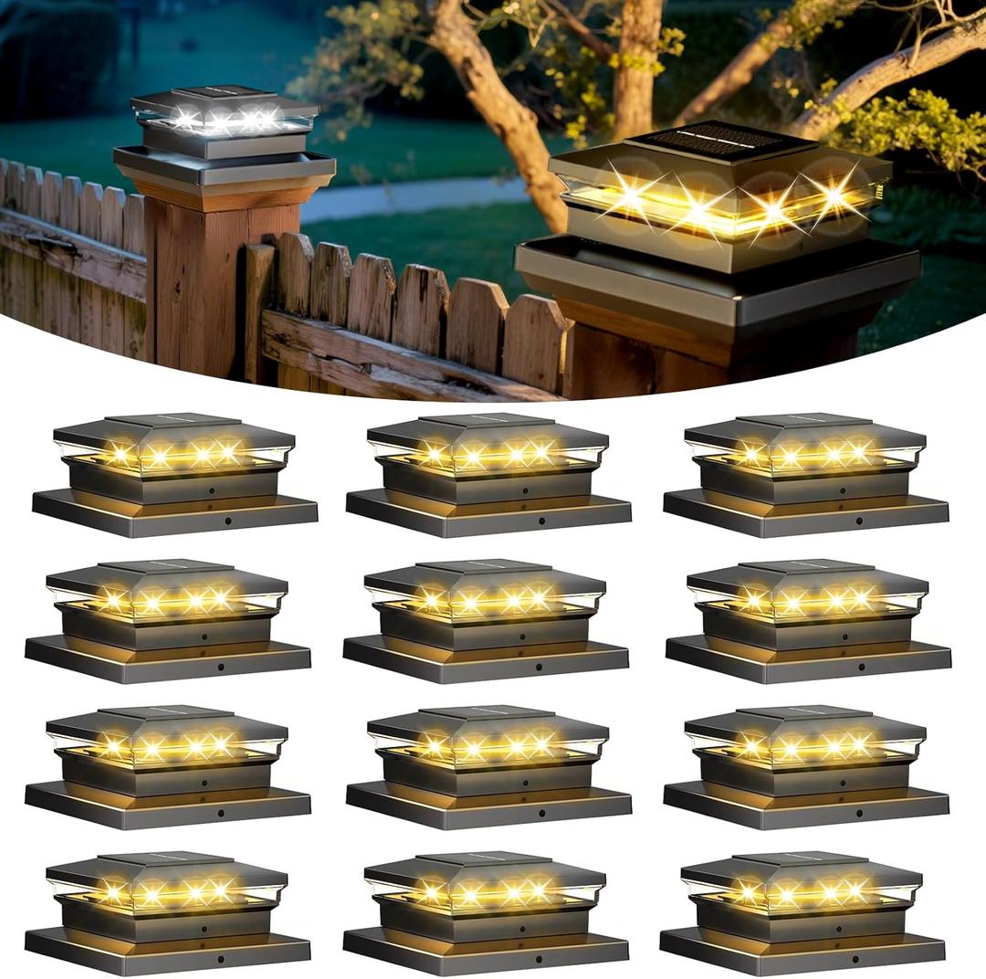 Solar Post Cap Lights 12 Pack, Fence Post Solar Lights, Warm White/Cool White Lighting, Black Waterproof Outdoor Post Lights for Garden Patio Porch, 4x4, 5x5 or 6x6 Vinyl/Wooden Posts