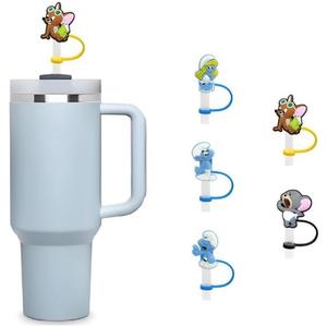 2 x 5Pcs 0.4in/10mm Diameter Cute Silicone Straw Covers Cap for Stanley Cup, Dust-Proof Drinking Straw Reusable Straw Tips Lids. (Jerry & Smurf Family)