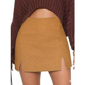 Women's Fashion Faux Wool Mini Skirt High Waisted Y2K Trendy Side Slit Skirts 2025 Fall Winter Outfits, Size XL