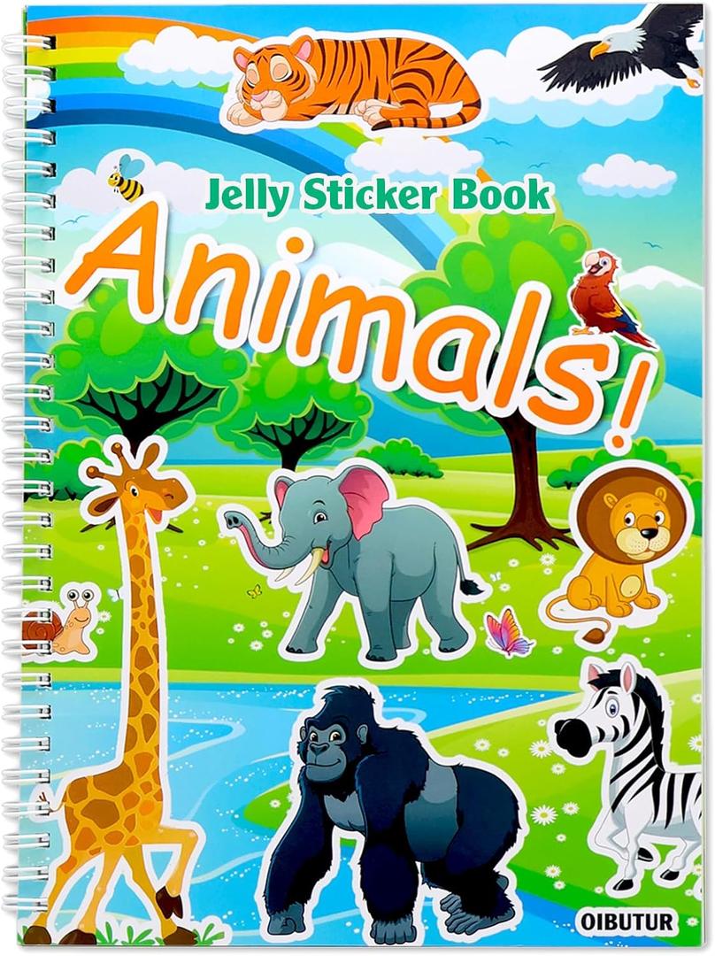 OIBUTUR Jelly Sticker Books for Toddlers 24 Years, Reusable Sticker Book for Kids 13, Toddler Easter Basket Stuffers＆Travel Essentials Animals Stickers for Kids Toddler Plane Activities (Animals)