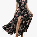 Black Summer Dresses for Women 2025 Floral Design Boho V Neck Short Sleeve Slit Maxi Dress Wear Casual Wedding Party XL