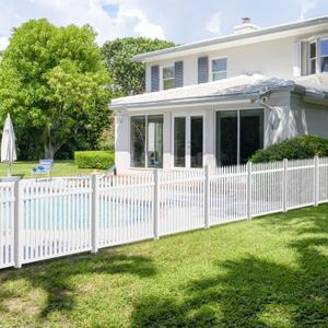 E&K 1 Set 36" H x 84" L Vinyl White Picket Fence Panels with Ground Spike Decorative Fencing for Pool Garden Patio Backyard Porch (20 Pickets, Straight)