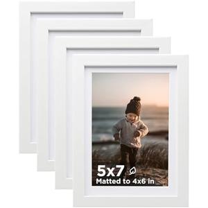 KINLINK 5x7 Picture Frame White Set of 4, Wooden Photo Frames Matted 4x6 with Plexiglass for 4x6 with Mat or 5x7 without Mat for Table and Wall Display