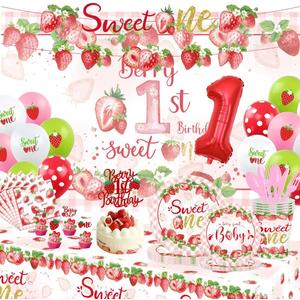 173 PCS Berry First Birthday Decor, Sweet Party Decoration Include Tableware Set, Background, Tablecloth, Banner, Balloon Strawberry Pastry Birthday Decoration Set,Suitable for 20 People