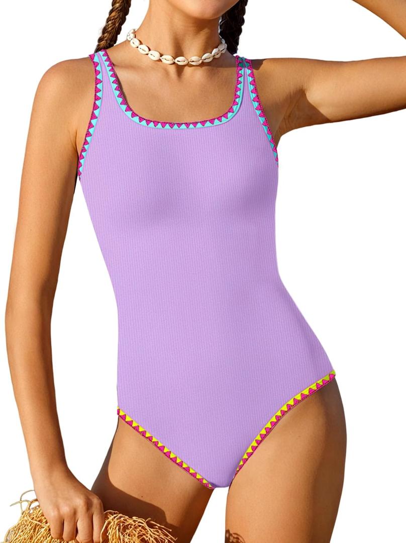 Qaoerde Girls Swimsuit One Piece Swimsuits Solid Color Bathing Suit Colorful Contrast Trim Adjustable Straps Swimwear  (13-14 Years, Purple)
