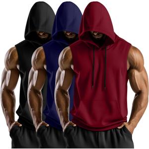 3 Pack Men's Hooded Tank Tops, Workout Sleeveless Gym Hoodie Muscle Bodybuilding Running Cut Off Shirts (X-Large, Red, Navy Blue, Black)