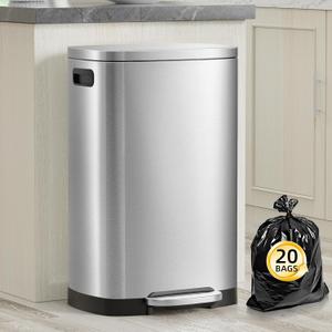 13 Gallon Trash Can with Lid, 50L Fingerprint Proof Stainless Steel Kitchen Trash Can with Removable Inner Bucket and Lid Soft Close, Pedal Rubbish Bin for Home Office (Silver)