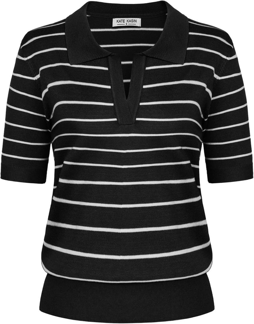 Kate Kasin Women Short Sleeve Striped Polo Sweater Tops Lightweight Summer V Neck Soft Knit Pullover Shirt, Black/White, L
