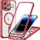 ESR for iPhone 14 Pro Max Case, Compatible with MagSafe, Full-Body Military-Grade Drop Proof Case for iPhone 14 Pro Max with Built-in 9H+ Tempered Glass Screen Protector, Clear Red