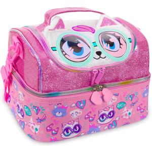 Kids Double Decker Cooler Insulated Lunch Bag, Back to School Large Meal Tote for Boys, Girls, Men, Women, with Adjustable Strap, Cat