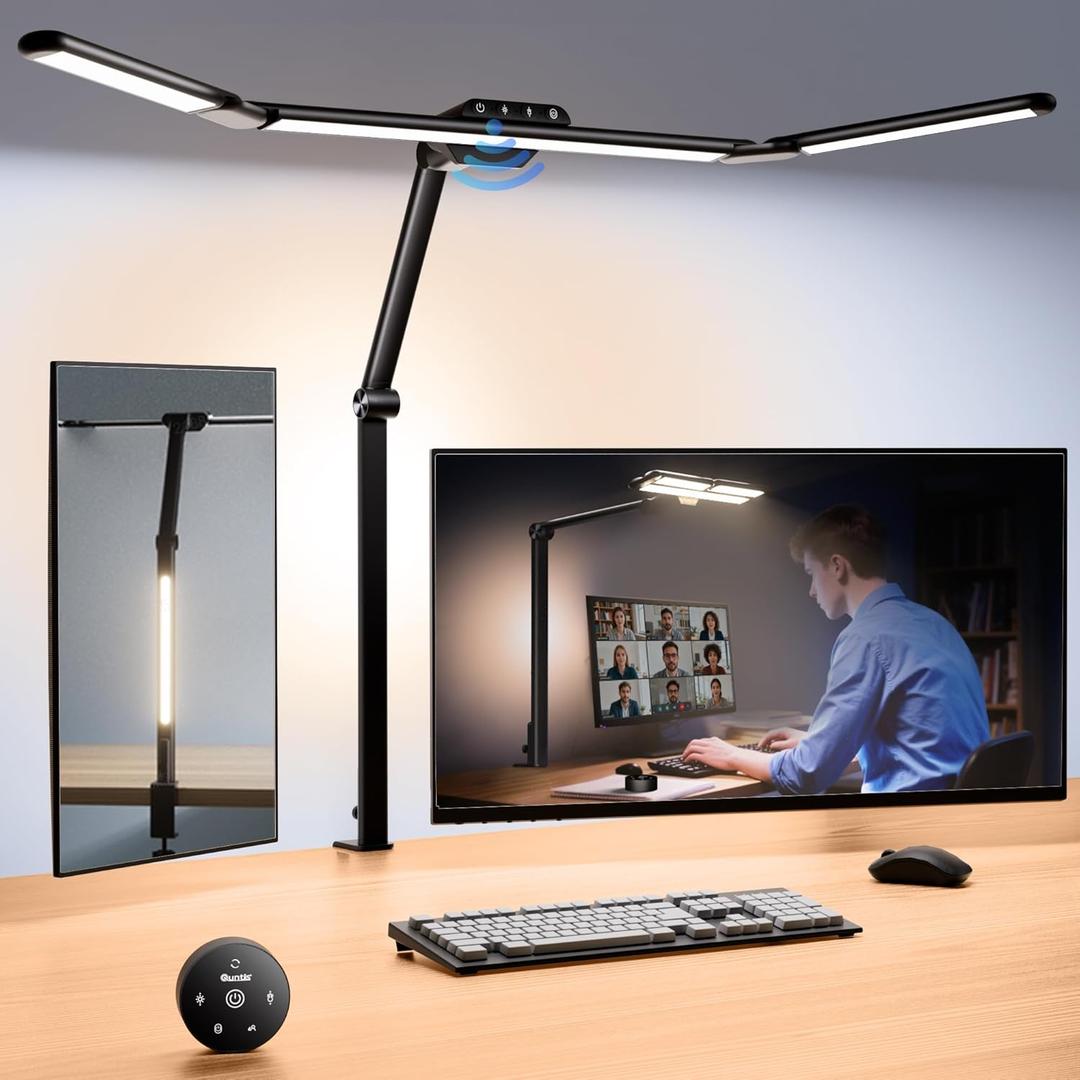Quntis 32.5" Architect Desk Lamps for Office Home Dorm - Eye Care 3 Light Bar 1100LM Bright, Ambient Backlight, Radar Sensor, Remote Control, 2H Timer, Workbench Drafting Reading Video Conference Task