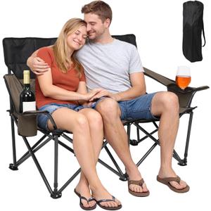 Double Folding Loveseat Camp Chair for Adults - 46.5 in Low-Profile Outdoor Camping Couch with Cup Holders, Two People Heavy Duty Folding Couch, Portable Loveseat for Camping, Patio, Lawn, and Picnic