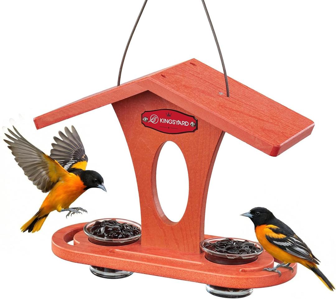Kingsyard Bird Feeder for Outdoor Hanging, Recyceled Plastic Oriole Jelly Feeder, Two Dishes w/ 5 oz, Durable & Weatherproof, for Bird Lovers, Orange