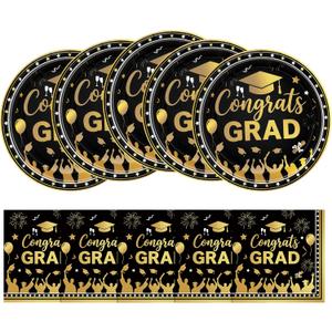 2 x 2026 Graduation Decorations : Black and Gold 9" Paper Plates and Napkins Set (20-Pack) – Class of 2026 Disposable Graduation Party Supplies and Table Decorations