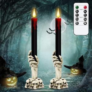 DRomance Black Flameless Taper Candles Battery Operated with Remote and Timer, Blood Dripping Wax LED Flickering Candles Skeleton Hand Holders Dinner Table Halloween Decor Lights(1 Pack, 3” x 12”)