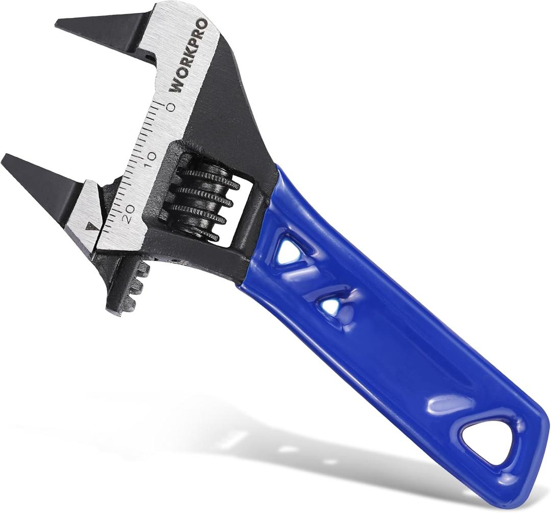 WORKPRO 4-Inch Thin Jaws Stubby Wide Opening Adjustable Wrench, Small Adjustable Wrench with 2mm Slim Jaws for Easy Access to Tight Spaces, Metric/SAE Scales, Cr-V Steel
