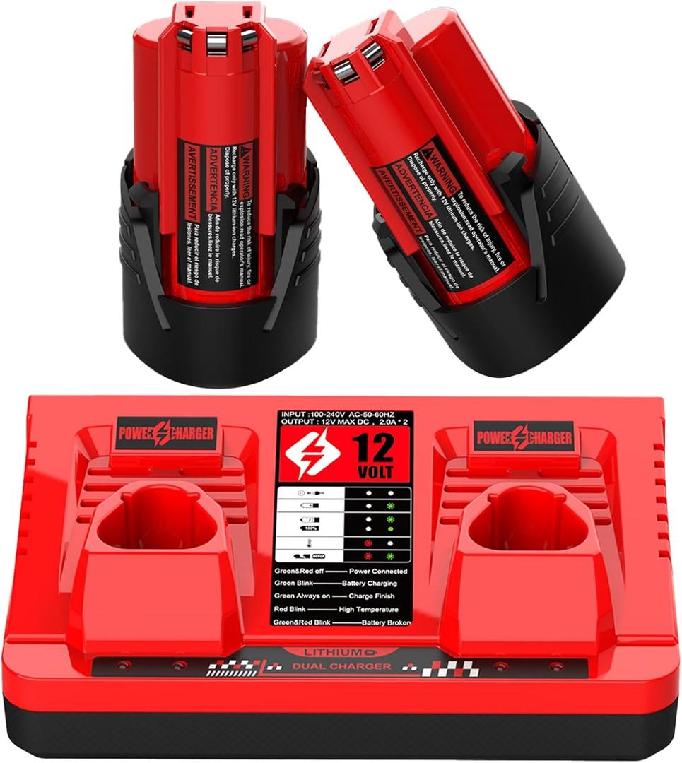 2 Pack 12V Replacement for Mil-Waukee M 12 Battery 48-11-2420 48-11-2425 48-11-2411 48-11-2401 & 48-59-2401 Dual Port M 12 Charger