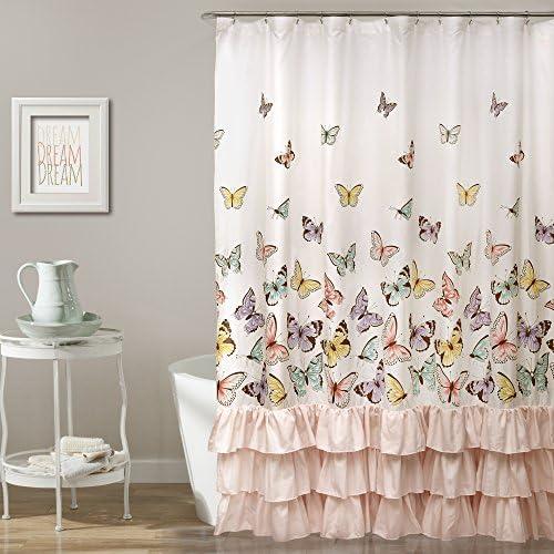 Lush Decor Flutter Butterfly Shower Curtain 72" W x 72" L Pink - Fabric Shower Curtains for Bathroom - Ruffle Bathroom Curtain - Pink Decor