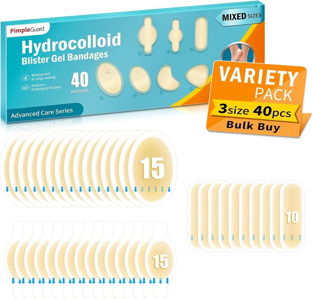 40ct Blister Bandages for Feet Hydrocolloid Bandages Waterproof Blister Cushion for Feet Toes Heels Blister Pads for Prevention Variety Pack