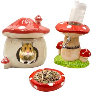 Mushroom Ceramic Hamster Hideout, Water Bottle with Stand, Food Bowl, Hamster Accessories (red)