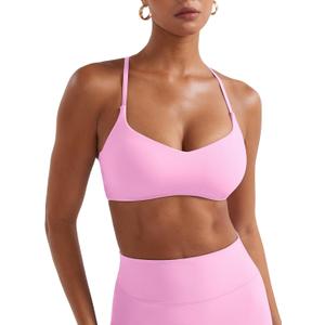 YEOREO Y Back Sports Bras for Women Padded Racerback Bra Paisely Light Impact Adjustable Straps Gym Workout Tops (Large, Bubblegum Pink)