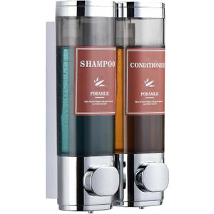 Shampoo and Conditioner Dispenser Wall Mounted Shower Soap Dispenser No Drill Shampoo Dispenser for Shower 2 Chamber Bathroom Body Wash Shower Gel Holder Chrome