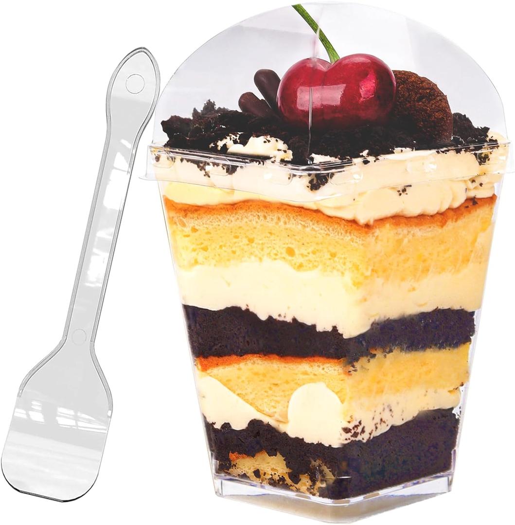 YunKo 50 Pack 5oz Square Clear Plastic Dessert Cups with Lids and Spoons,Mini Parfait Cups for Yogurt, Jello, Mousse,and Snacks,vasos para postres con tapa
