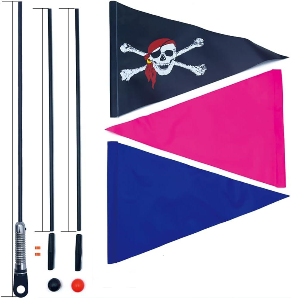 phemera 1 Set of Bicycle Safety Flags/Adjustable Height with Springs, Resilient Heavy-Duty Fiberglass Poles, Polyester Full-Color Pink, Blue, and Pirate Flags