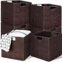 Panelee 6 Pack Wicker Storage Baskets Foldable Wicker Baskets Hand-woven Willow Rope 11x11x11 Inch Square Cube Storage Bins Organizer for Shelves Organizing Decor Laundry Pantry(Brown)