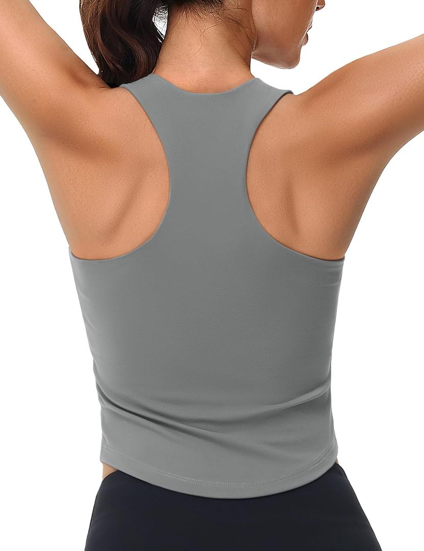 MAGCOMSEN Women's Crop Workout Tank Tops with Built in Bra Fitted Racerback Sleeveless Yoga Shirts Camisole (Gray, M)