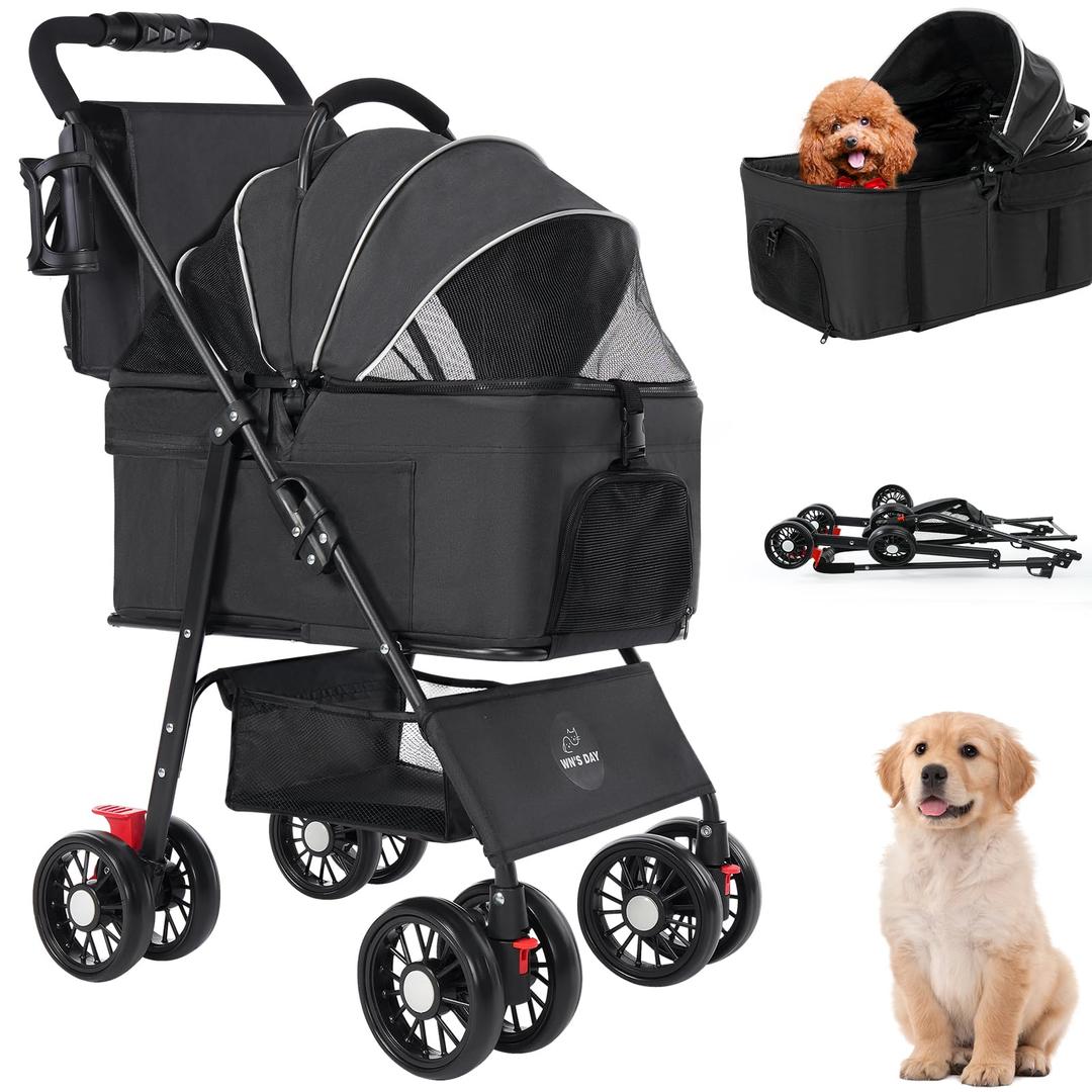 3 in 1 Pet Dog Stroller for Dogs 10-50 lbs, Foldable Cat-Strollers for 2-Cats with Removable Carrier, Pet-Strollers for Cats with Storage Bag, Small Puppy-Stroller, Dog-Cart (Black)