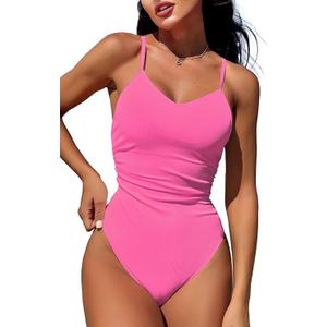 swimall Women's One Piece Swimsuit Tummy Control Cutout Bathing Suit High Waist Ruched Retro Swimwear with O-Ring (Pink)XL