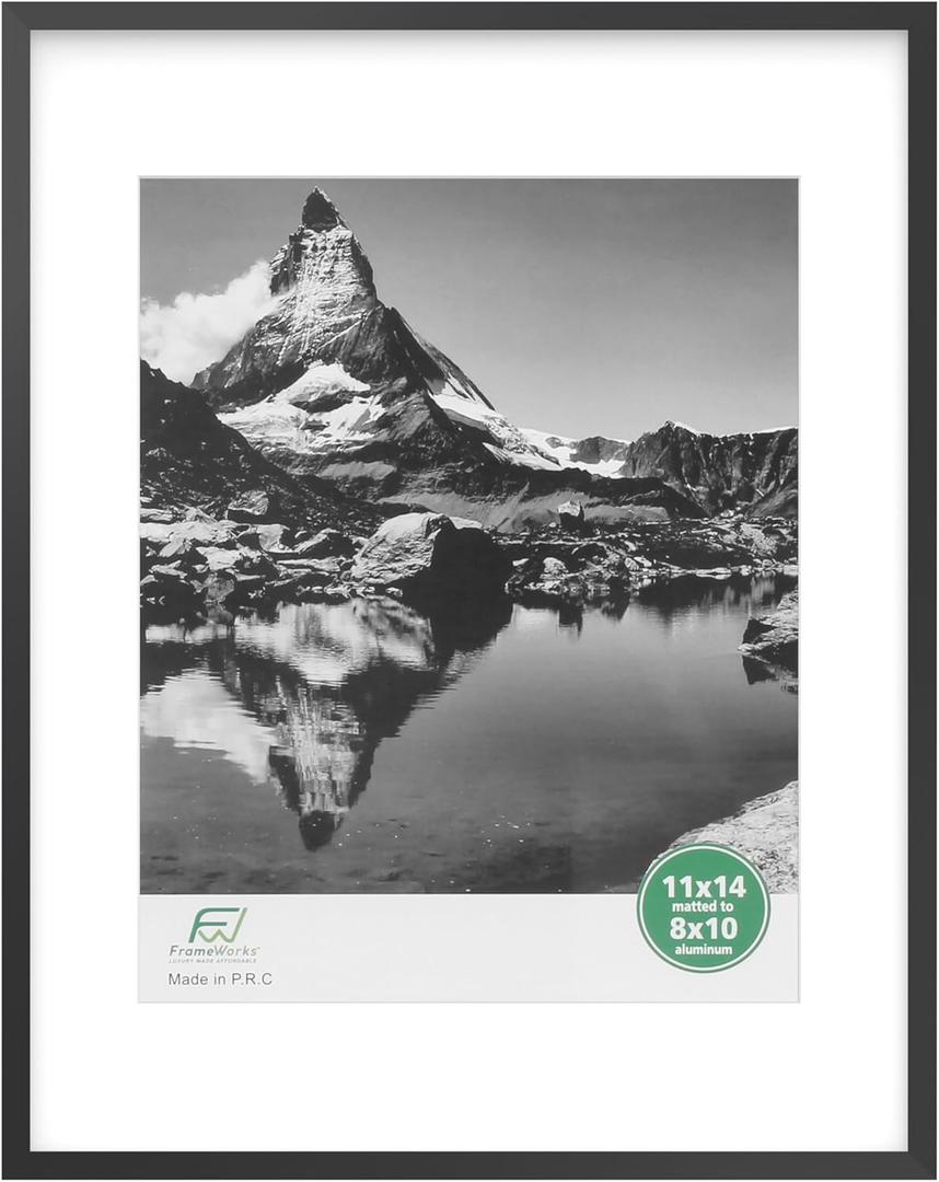 FrameWorks 11x14 with 8x10 Mat  Black Deluxe Modern Aluminum Picture Frame with Tempered Glass and Removable Mat