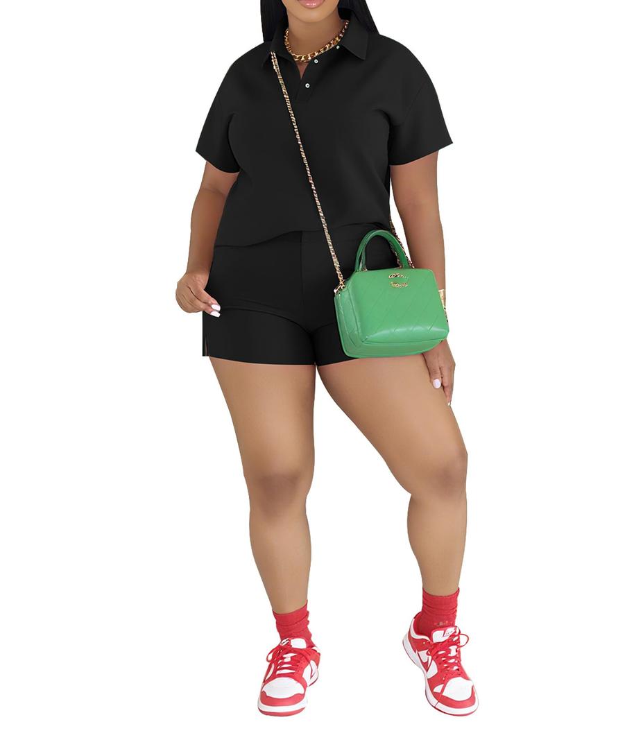 PINSV 2 Piece Sets for Women Short Sleeve Polo Top Shorts Set Summer Casual Jogger Tracksuit Black S