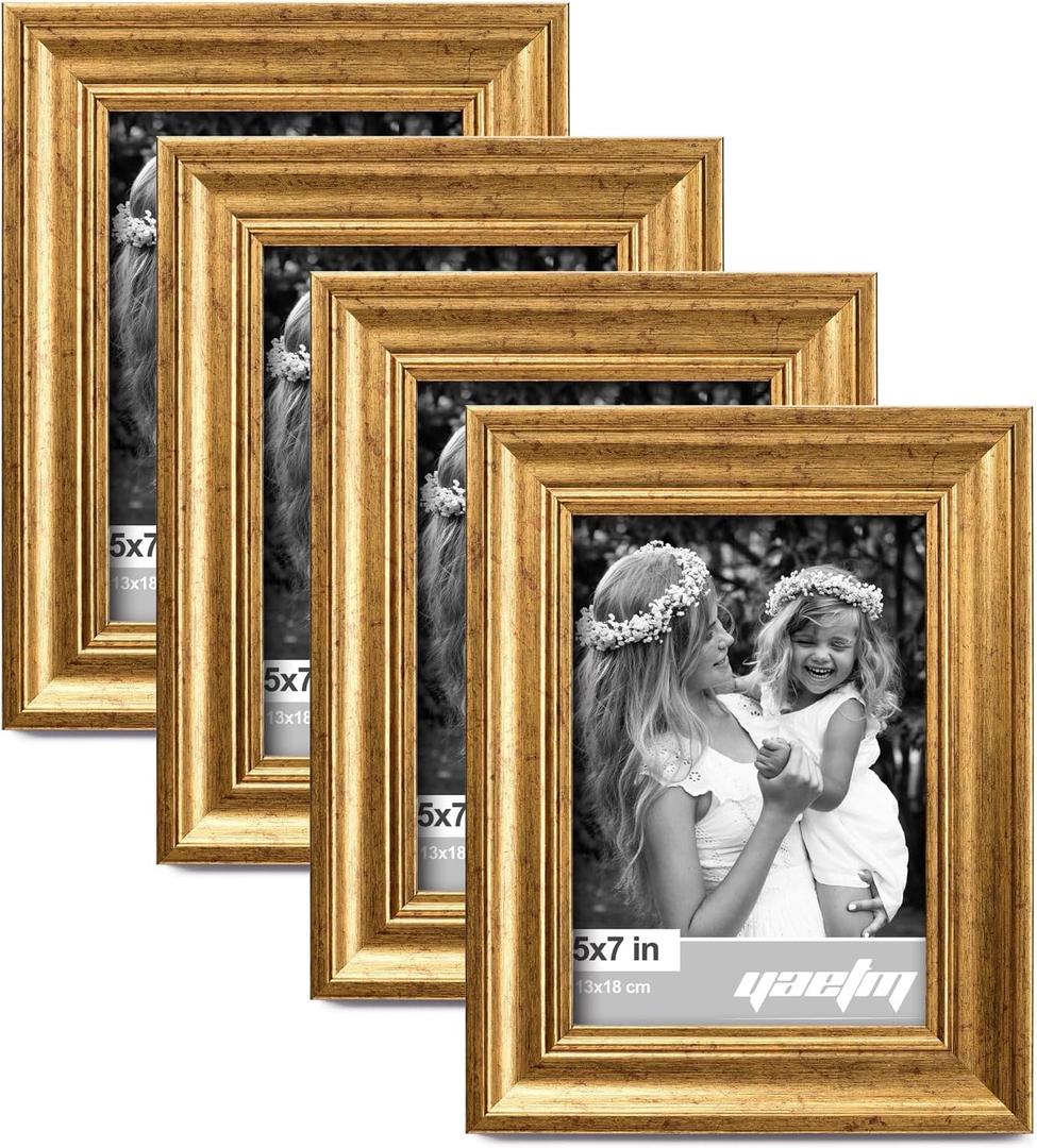 Yaetm 5x7 Gold Picture Frame Set of 4, 1.4 Wide Molding & Rustic Gold Photo Frames 5 x 7 with HD Tempered Glass, Display on Tabletop & Wall Mounting, 4 Pack