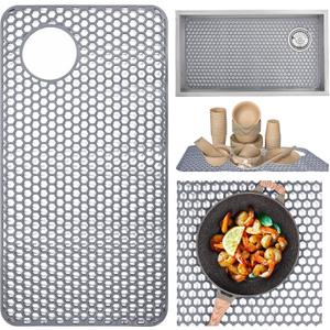 Silicone Sink Protector, 28.3x14.4 Inch Kitchen Mat, Non-Slip Heat Resistant with Drain Hole for Bottom of Farmhouse Porcelain Stainless Steel Sink Pad Gray