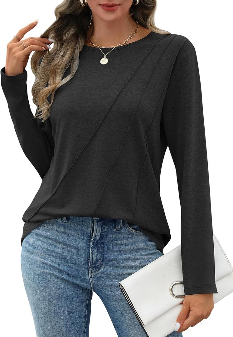 Womens Pleated Long Sleeve Shirts Crew Neck Casual Tops Fall Loose Fitting T Shirt (Large, Black)