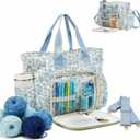 SilTriangle Large Blue Floral Quilted Crochet Knitting Bags and Totes Organizer Cotton Yarn Hook Bag Holder Christmas Corduroy Gift for Crochet Lover Crocheting Accessories, Needle with Zipper, Size M