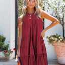 Aoysky Womens Summer Sleeveless Halter Ruffle Flowy Boho Dress Casual Loose Swing Pleated Tiered A-Line Beach Party Dress Wine, Medium