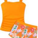 Gaupafmb Girls Tankini Swimsuit Solid Ruched Side Square Neck Top with Tropical Printed Shorts 2 Piece Girls Bathing Suits, Size: 7-8 Years