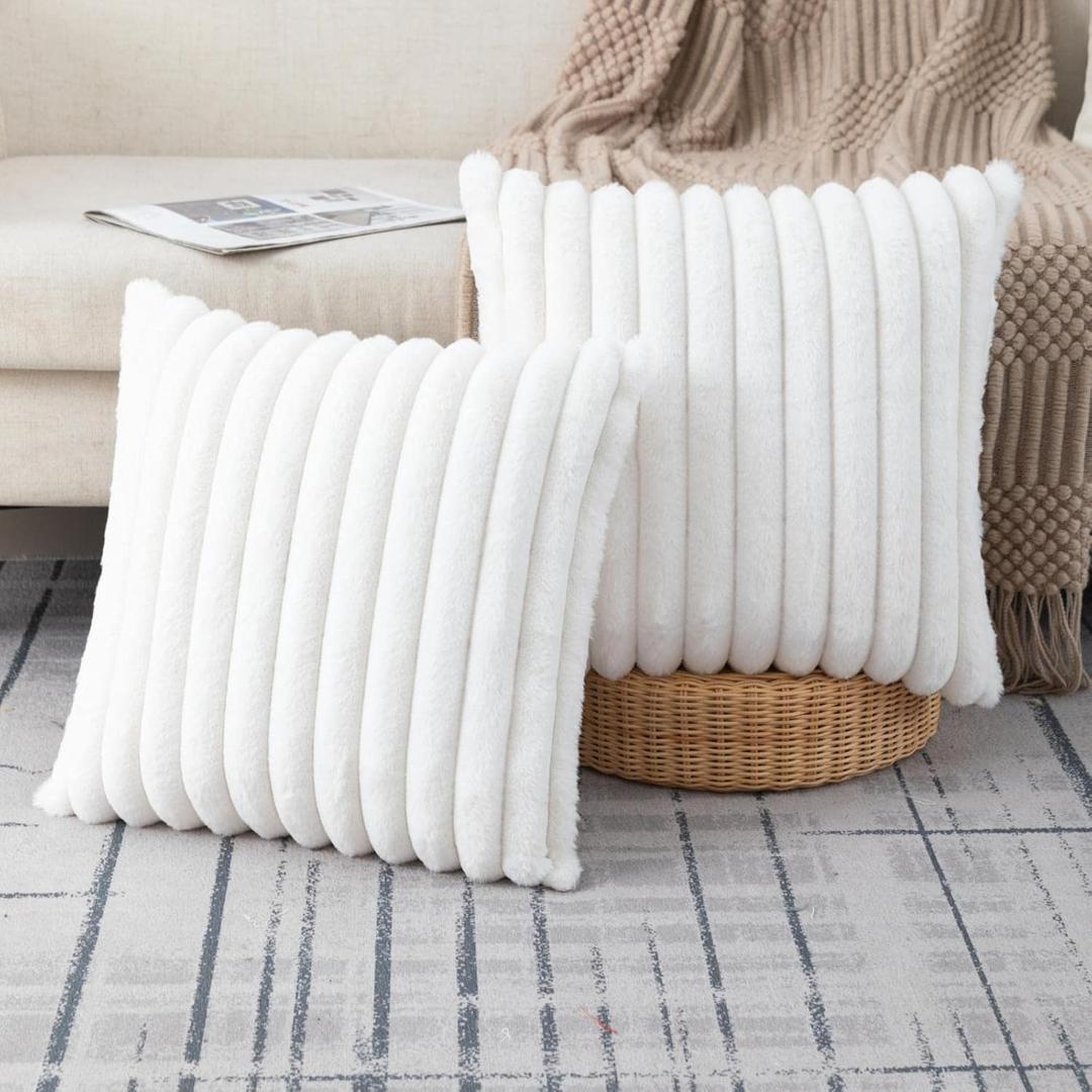 ZLINA Set of 2 Cream White Faux Fur Decorative Throw Pillow Covers Fluffy Striped Pillowcase Cushion Covers 18 x 18 Inch Decor Sofa Couch Bedroom