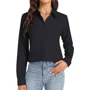 J.VER Button Down Shirts for Women Stretch Collared Cotton Long Sleeve Dress Shirt Business Casual Blouse for Work (Black, XL)