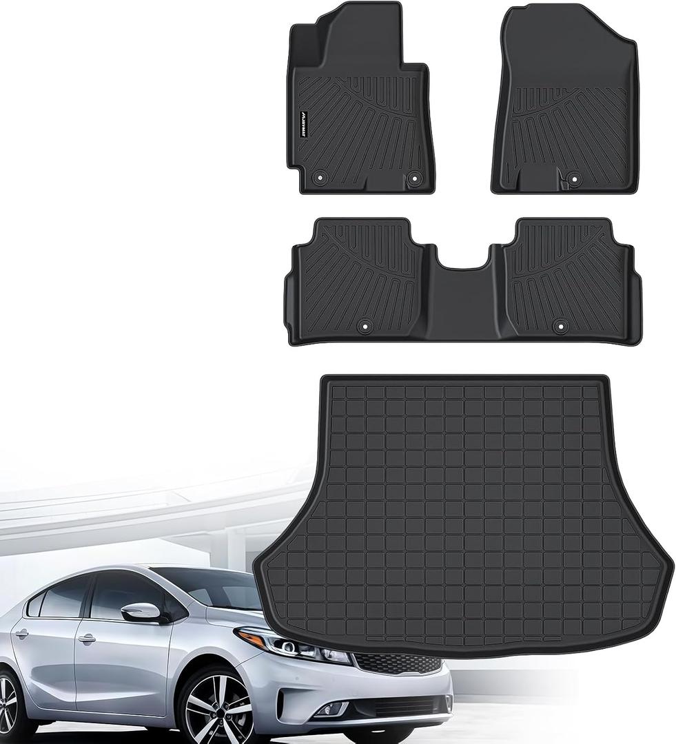 Floor Mats for 2014-2018 Kia Forte & Cargo Mat, TPE All Weather Protection Car 1st & 2nd Row Floor Liners with Trunk Mat Full Set Accessories, Black