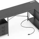 Huuger L Shaped Desk with Power Outlets, 63 Inch Reversible Computer Desk with 3 Drawers and Shelves, Home Office Table for Corner Work Study Writing Gaming, Black