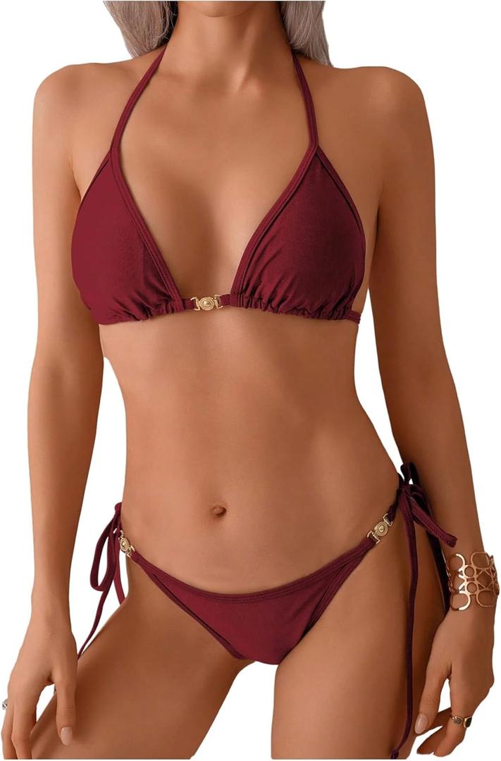 SHENHE Women's String Bikini Set 2 Piece Triangle Halter Side Tie Swimsuits Bathing Suits (Medium, Burgundy)