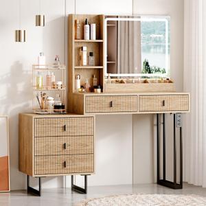 Large Vanity Desk with 3 Color Touch Screen Dimming Mirror, Vanity Desk with Charging Station, Modern Retractable Makeup Dressing Table, Makeup Table With storage shelves and 5 Sliding Drawers, Oak