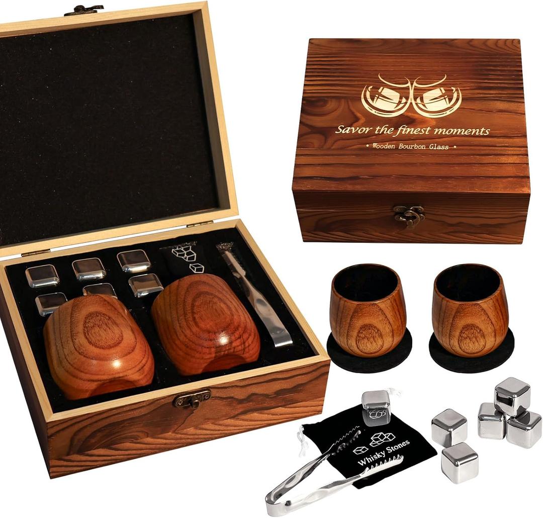 Charred Wooden Bourbon Drinking Glass, Bourbon Gifts for Men, Handcrafted Retirement Whiskey Glasses for Dad, Great Whiskey Gifts for Men, Perfect Presents for Boyfriend Father Friends, 2 Set Cup