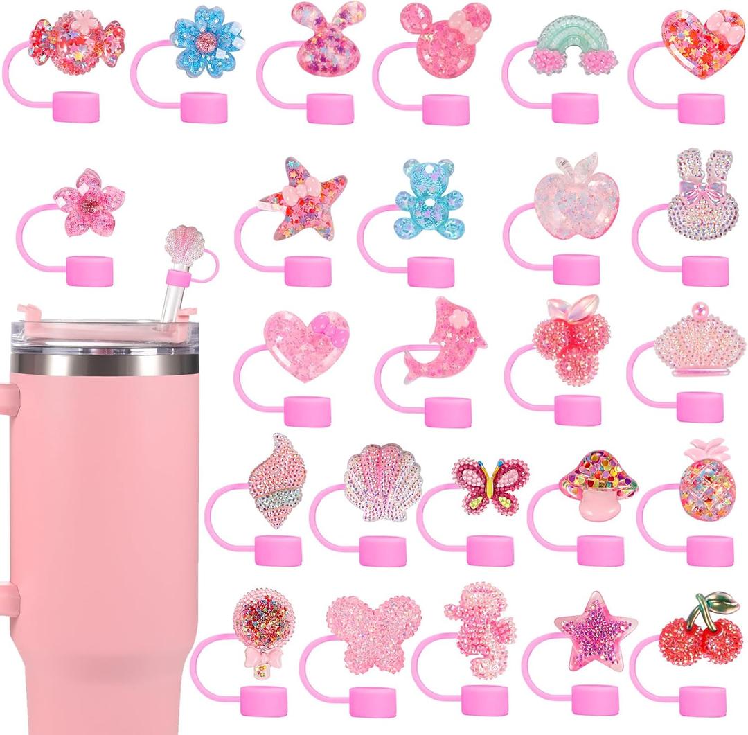 25 Pack Cute Silicone Straw Cover Cap for Stanley Cup Accessories, 10mm Topper Compatible With 30&40 Oz Tumbler, Shiny Modern Covers