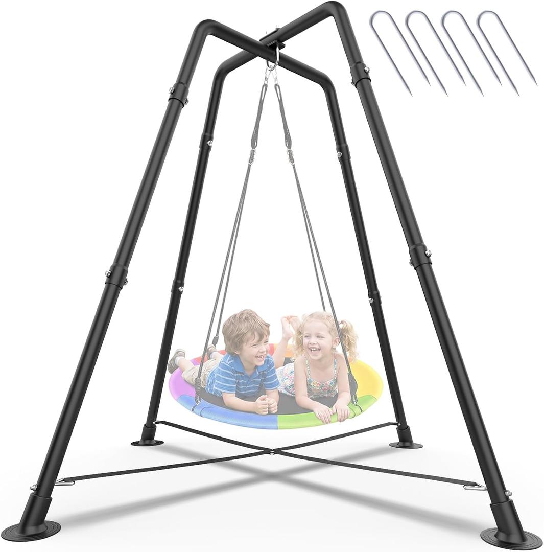 Heavy Duty Swing Stand 32mm Steel Frame 330 lbs Kids Adults | X-Shaped Base, Anti-Rust Coating, 4 Ground Stakes, Rubber Foot Pads, Fits Saucer & Sensory Swings, Indoor Outdoor, Black